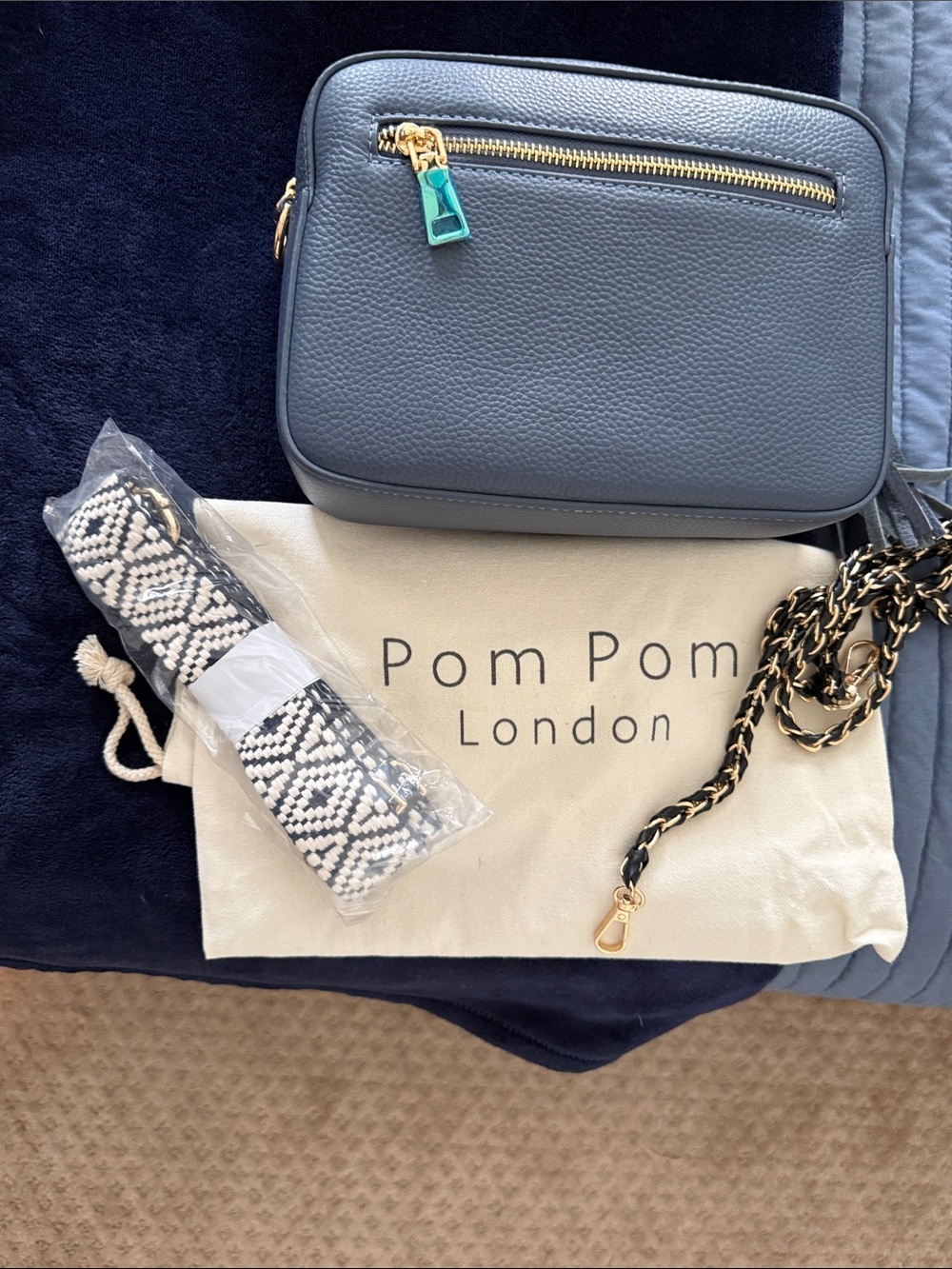 Pom Pom London Pebbled Leather Crossbody Bag in Slate Blue